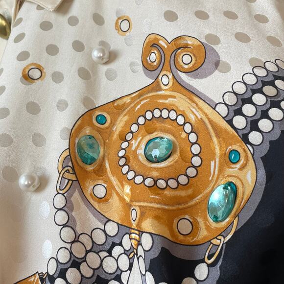 Trompe L'Oeil 80s Status Print Jewel Silk Jacquard Button Front Vintage Blouse - Picture 7 of 9